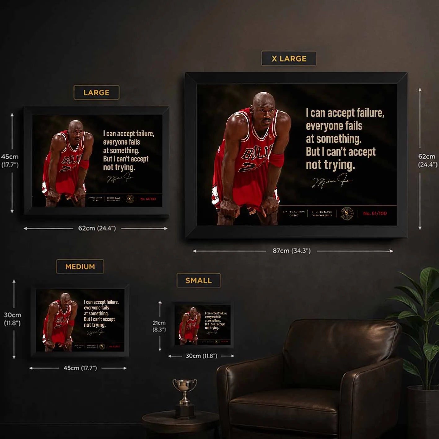 Michael Jordan wall art size guide showing framed sports memorabilia options for man cave wall art from small to XL.