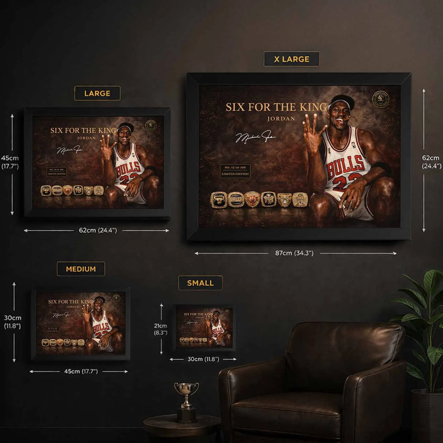 Michael Jordan framed wall art size guide showing multiple dimensions, helpful sports wall art display reference