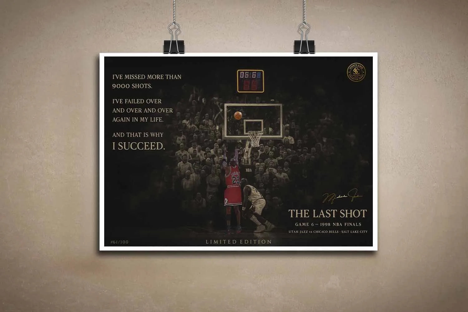 Unframed limited edition sports art print of Michael Jordan’s iconic last shot — a powerful piece of framed sports memorabilia perfect for collectors and man cave wall décor.