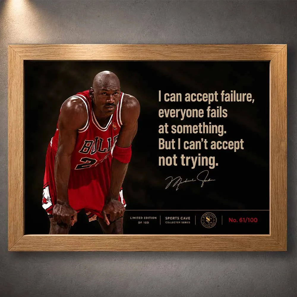 Michael Jordan wall art quote print in oak frame, warm toned sports wall art styled as framed sports memorabilia.