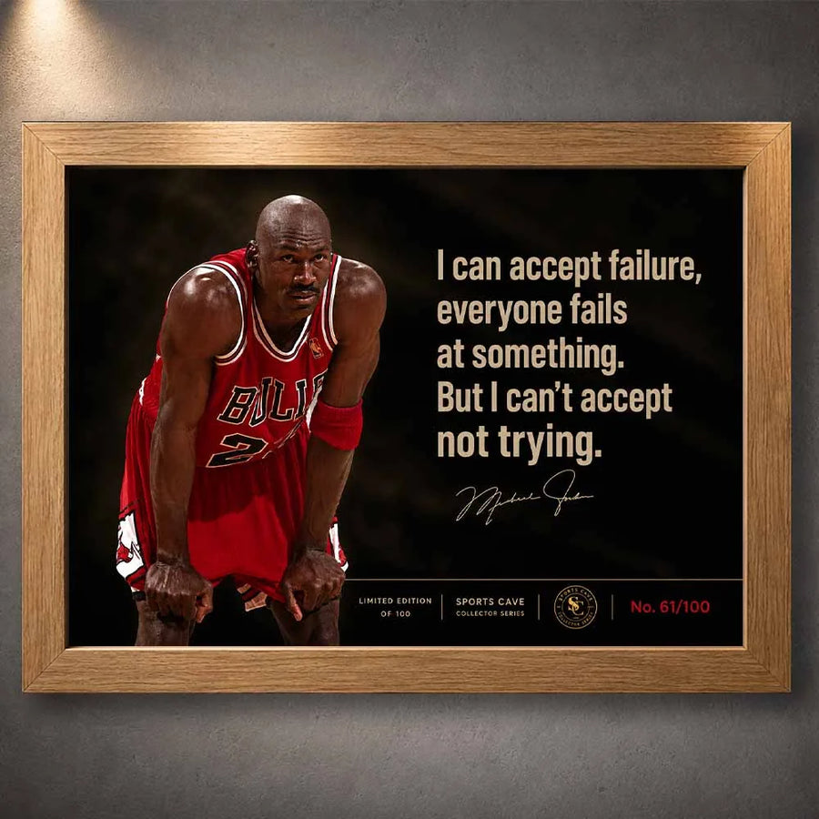 Michael Jordan wall art quote print in oak frame, warm toned sports wall art styled as framed sports memorabilia.