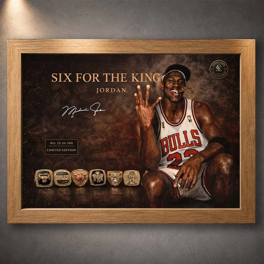Michael Jordan Bulls legacy artwork with six rings in oak frame, elegant framed sports art for NBA fans
