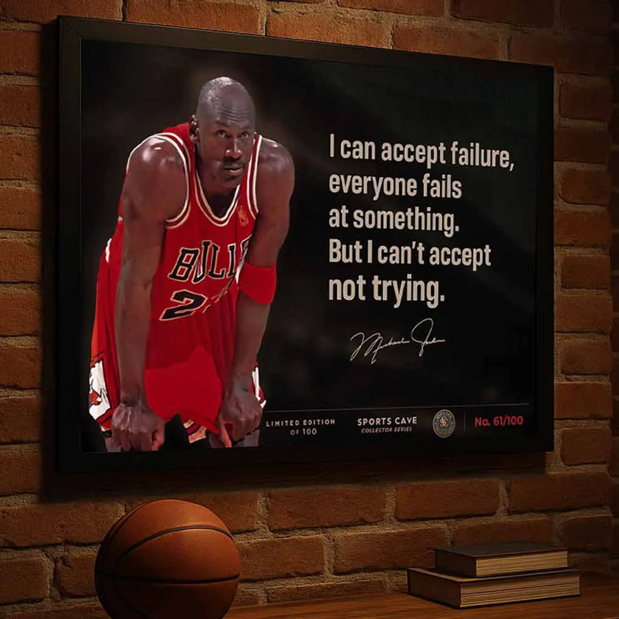 Michael Jordan quote framed sports art on brick wall, atmospheric man cave wall art for serious basketball fans.