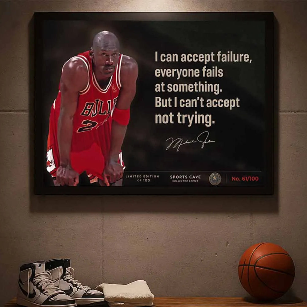 Michael Jordan quote framed sports wall art displayed in a basketball locker room scene, premium limited edition man cave decor.
