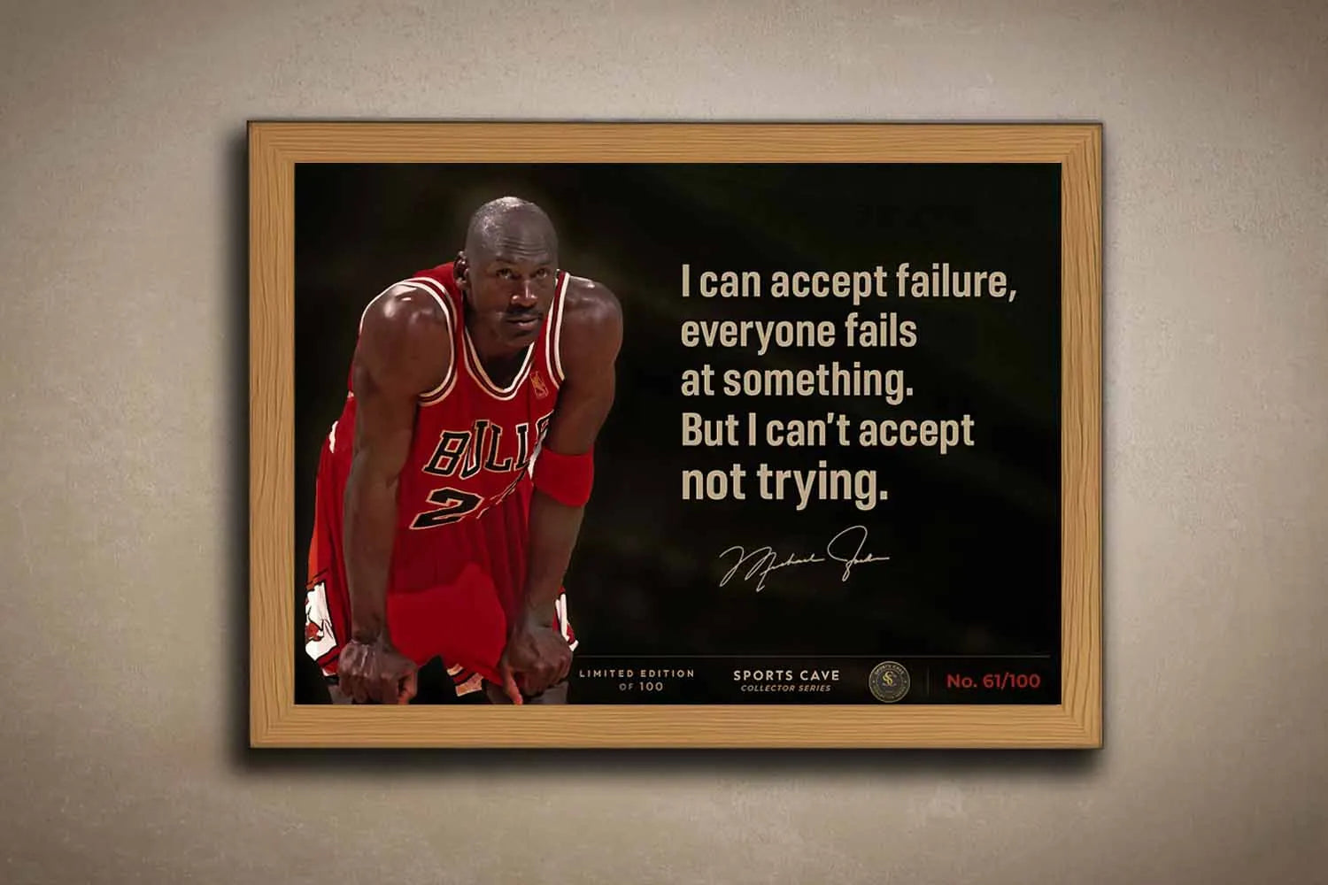 Michael Jordan wall art quote print in oak frame, warm toned sports wall art styled as framed sports memorabilia.