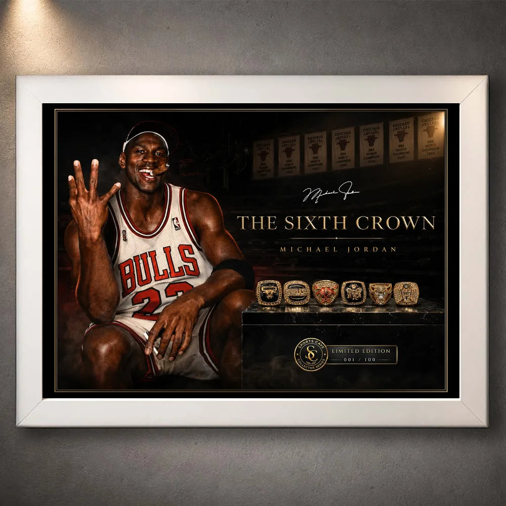White framed Michael Jordan basketball wall art featuring The Sixth Crown design and six championship rings.