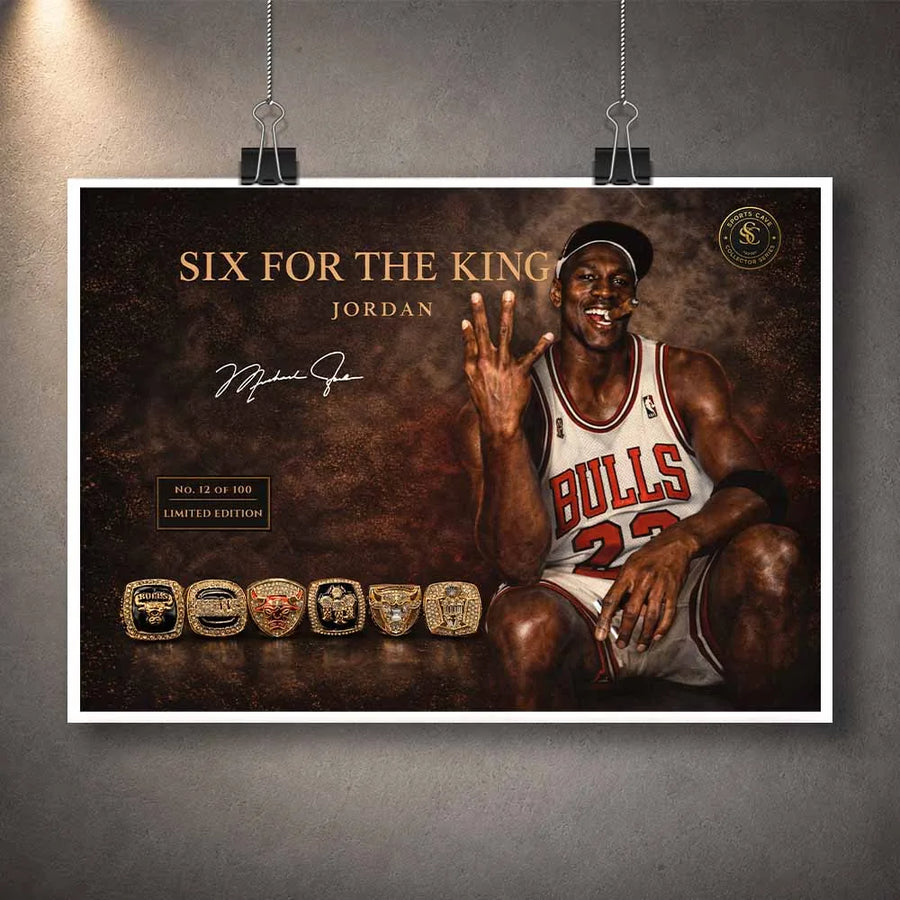 Unframed Michael Jordan six championships artwork showcasing Bulls legacy, detailed sports wall art print