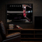 Michael Jordan wall art displayed in a moody man cave setup — the ultimate framed sports art for NBA fans and collectors.