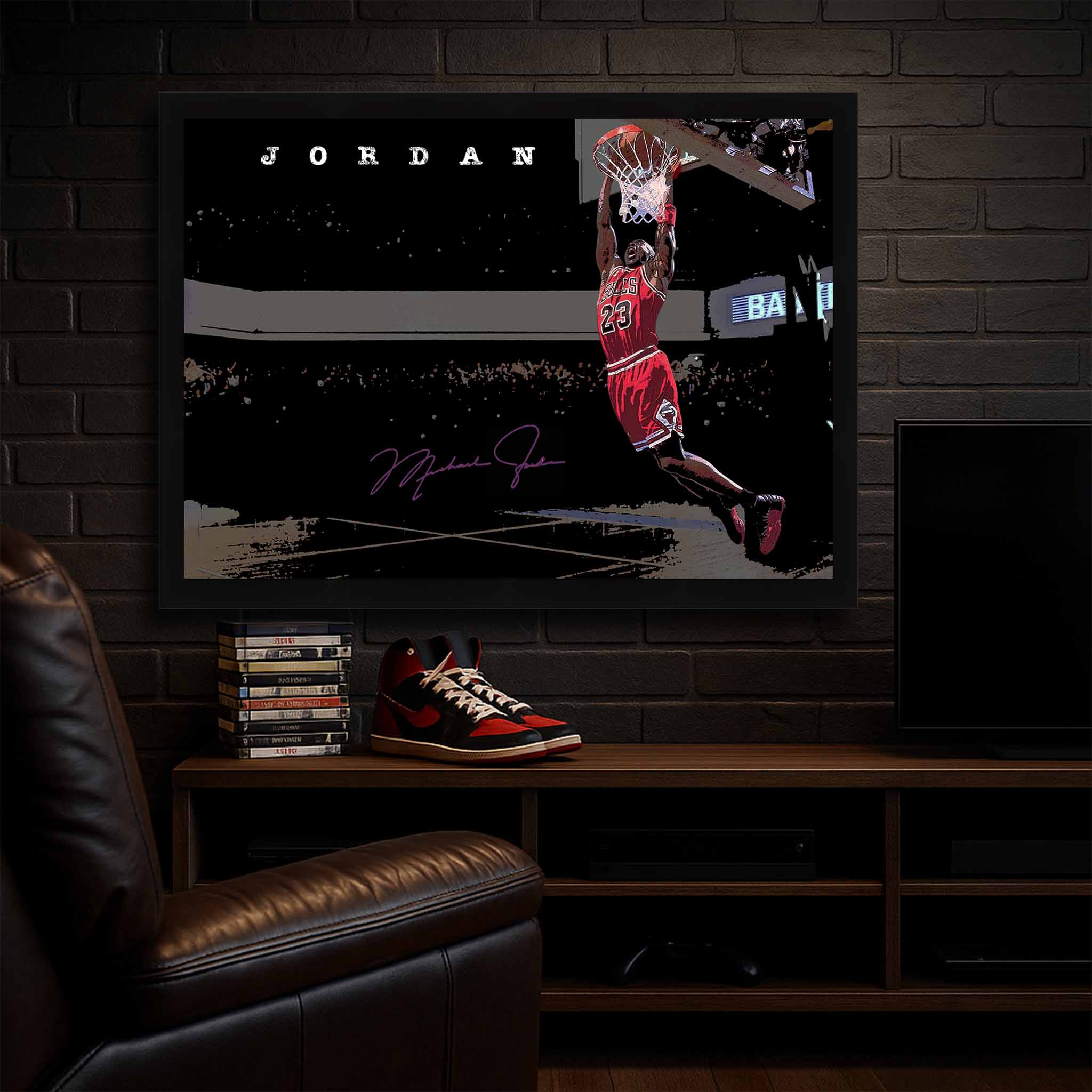 Michael Jordan wall art displayed in a moody man cave setup — the ultimate framed sports art for NBA fans and collectors.