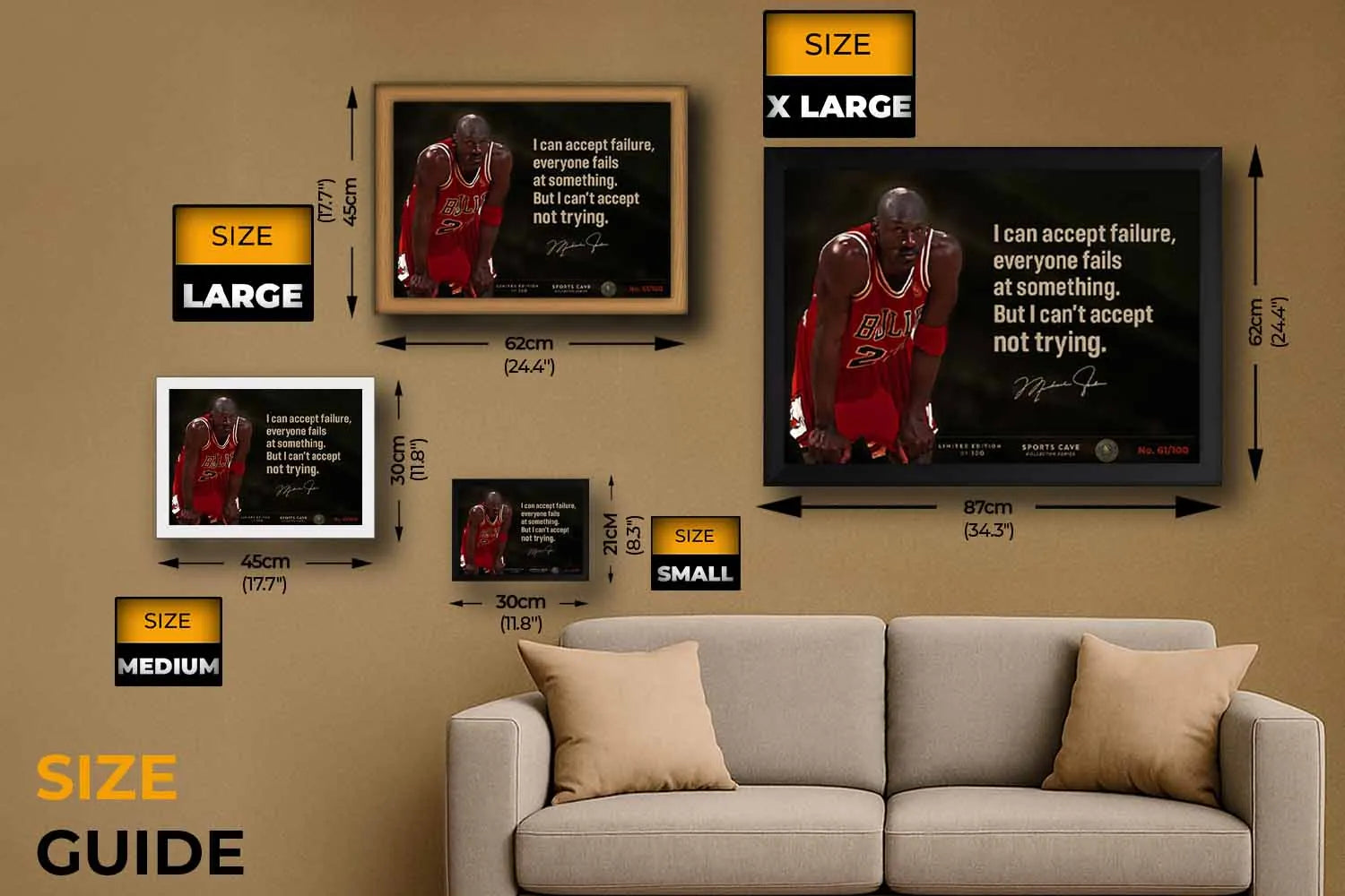 Michael Jordan wall art size guide showing framed sports memorabilia options for man cave wall art from small to XL.