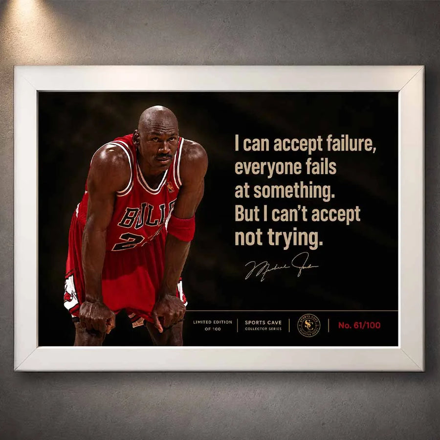 Michael Jordan quote framed sports memorabilia in white frame, minimalist nba wall art for modern home or office.