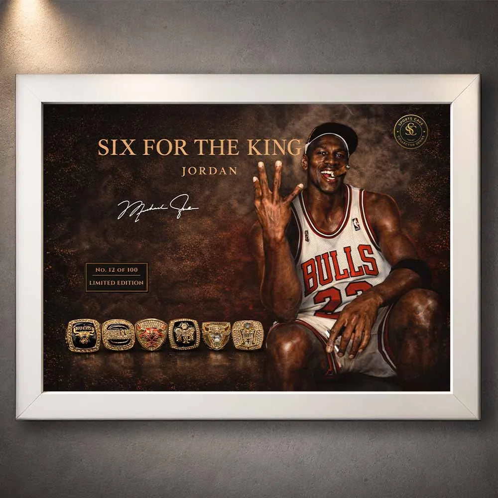 Michael Jordan six rings tribute artwork in white frame, clean nba wall art for modern interiors