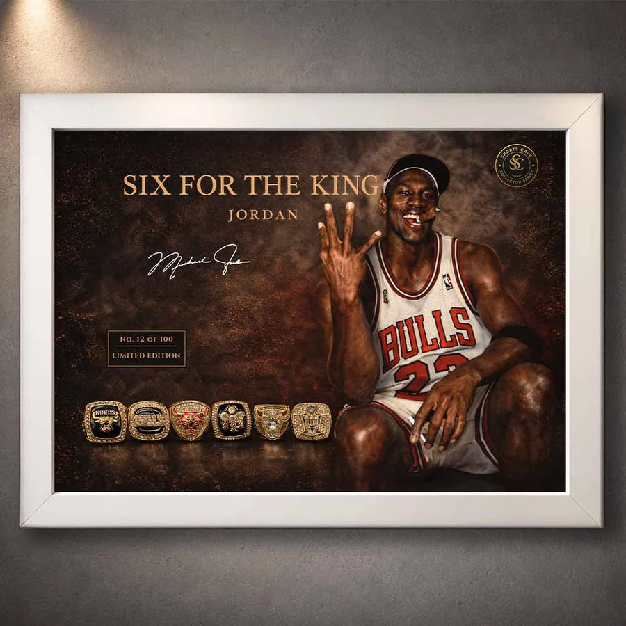 Michael Jordan six rings tribute artwork in white frame, clean nba wall art for modern interiors
