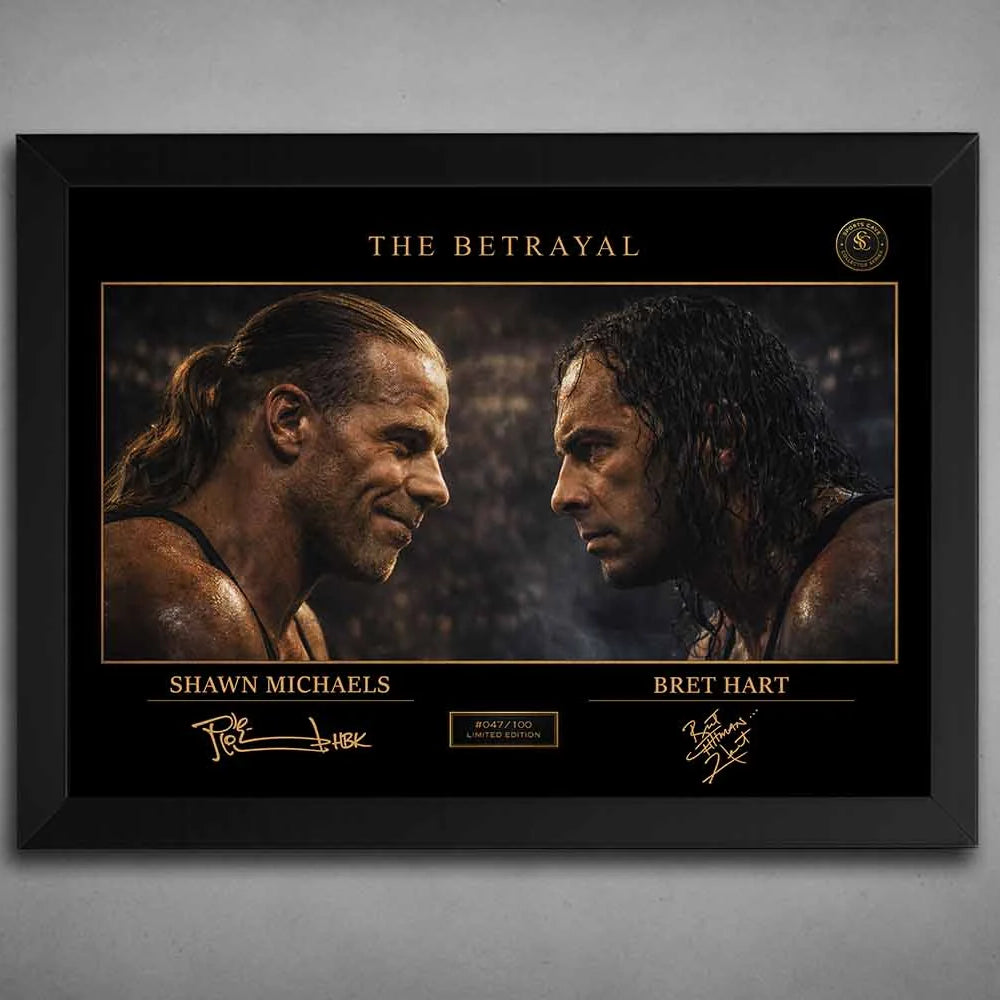 Shawn Michaels vs Bret Hart “The Betrayal” artwork in black frame, premium sports collectibles for modern fan spaces.