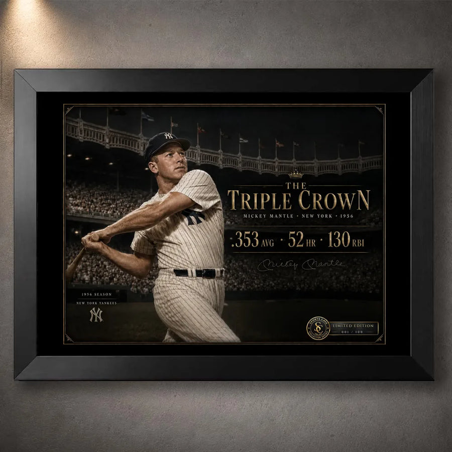 Black framed The Triple Crown Mickey Mantle baseball wall art featuring his 1956 season tribute and career statistics.
