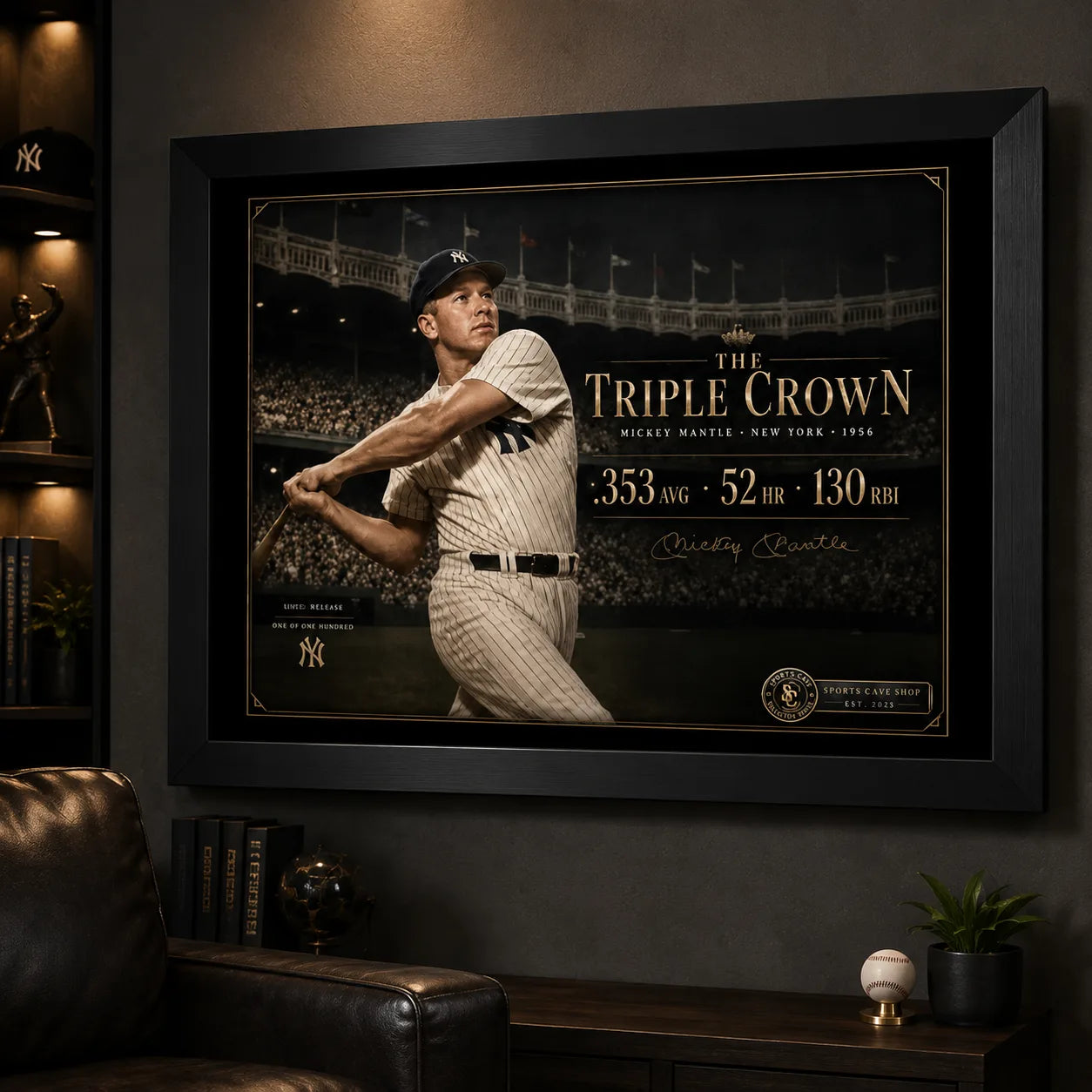 The Triple Crown Mickey Mantle wall art displayed in a dark baseball man cave with warm feature lighting.