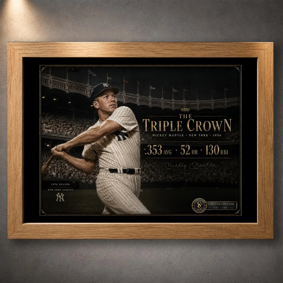 Oak framed The Triple Crown Mickey Mantle baseball wall art shown against a softly lit concrete wall.
