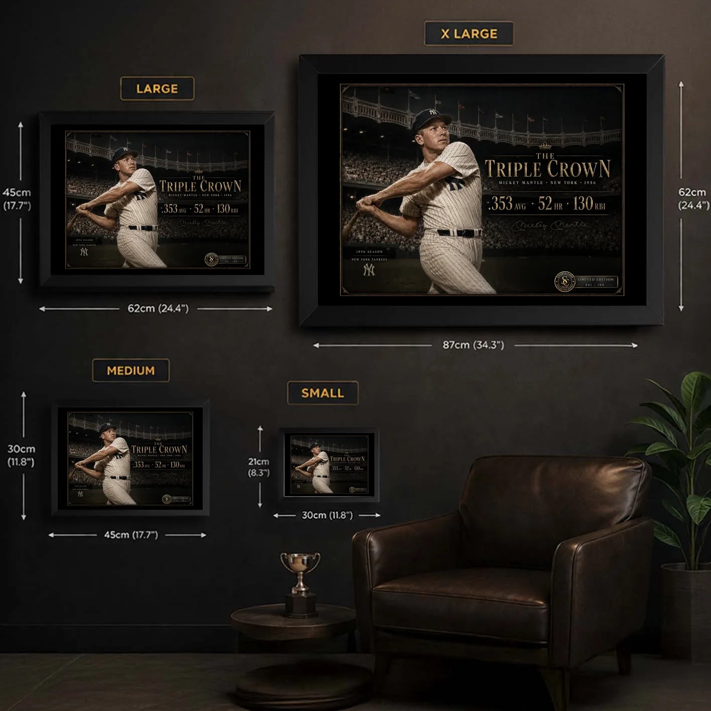 The Triple Crown Mickey Mantle wall art size guide showing available framed dimensions from Small to X Large.