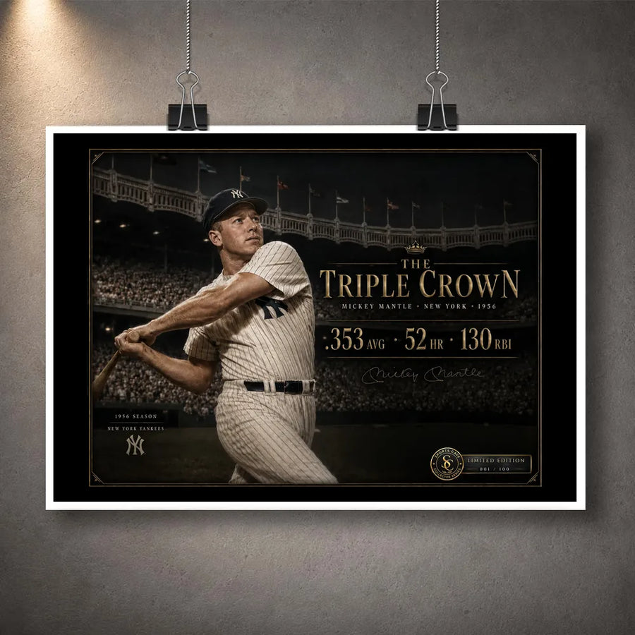Unframed The Triple Crown Mickey Mantle baseball wall art presented as a hanging print against a concrete wall.