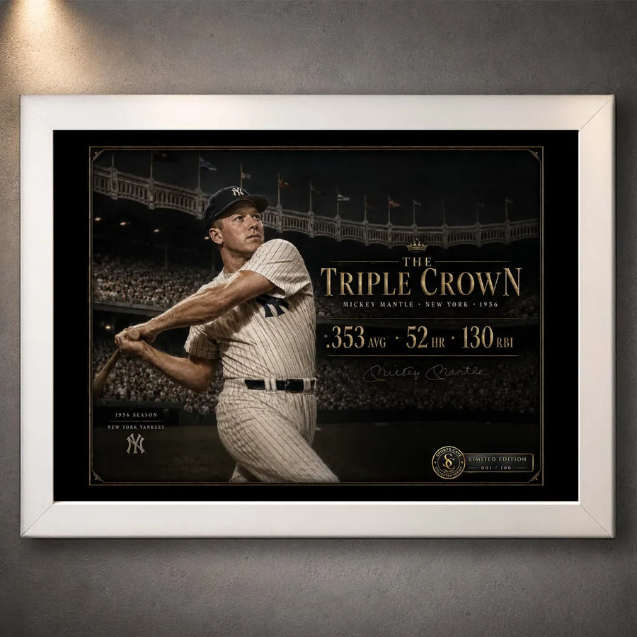 White framed The Triple Crown Mickey Mantle baseball wall art shown against a softly lit concrete wall.