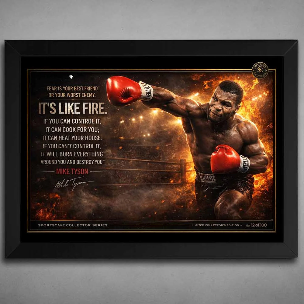 Mike Tyson “It’s Like Fire” boxing quote artwork in sleek black frame with fiery ring backdrop, powerful punch pose, premium framed sports art.