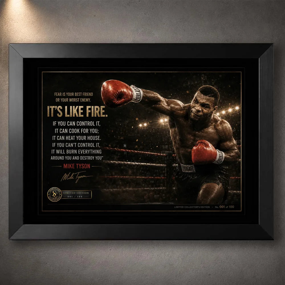 Mike Tyson Fear Is Like Fire boxing wall art in a black frame, featuring a punch pose, quote text and limited edition detail.