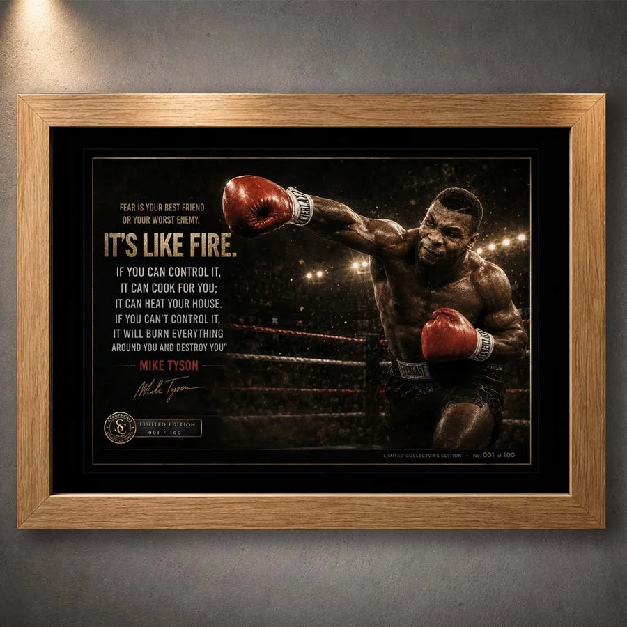 Mike Tyson Fear Is Like Fire boxing wall art in a natural oak frame with quote typography and limited edition detail.