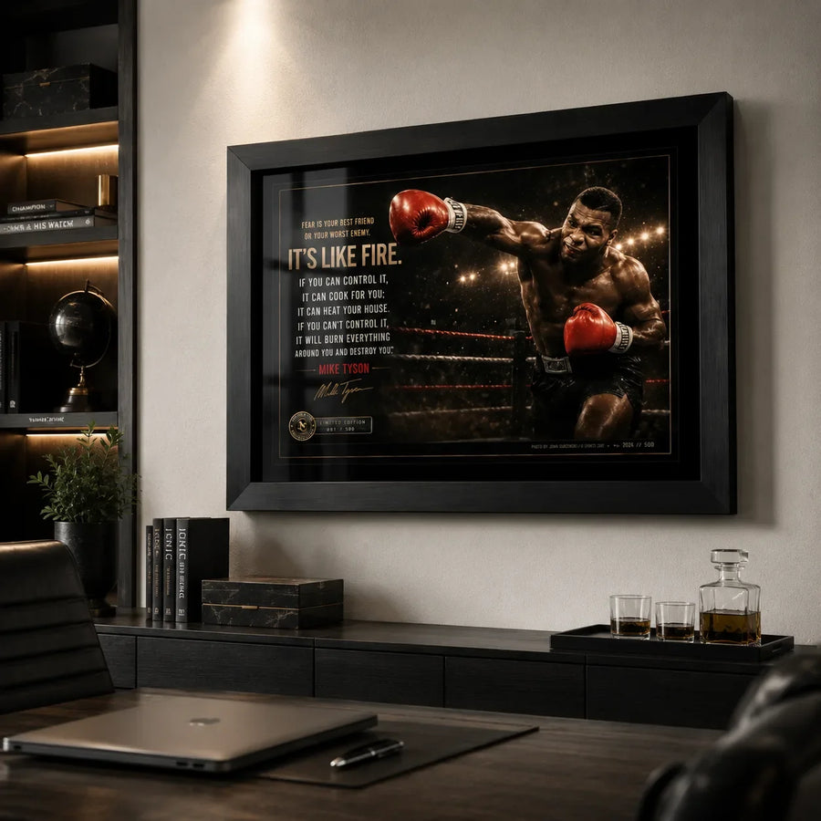 Mike Tyson motivational boxing wall art in a black frame displayed in a refined home office above a desk and cabinetry.