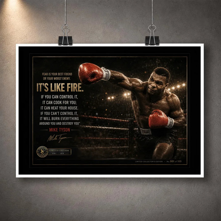 Unframed Mike Tyson Fear Is Like Fire boxing wall art featuring a punch pose, motivational quote and limited edition detail.