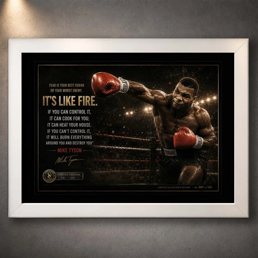 Mike Tyson Fear Is Like Fire boxing wall art in a white frame with quote typography, punch pose and limited edition detail.