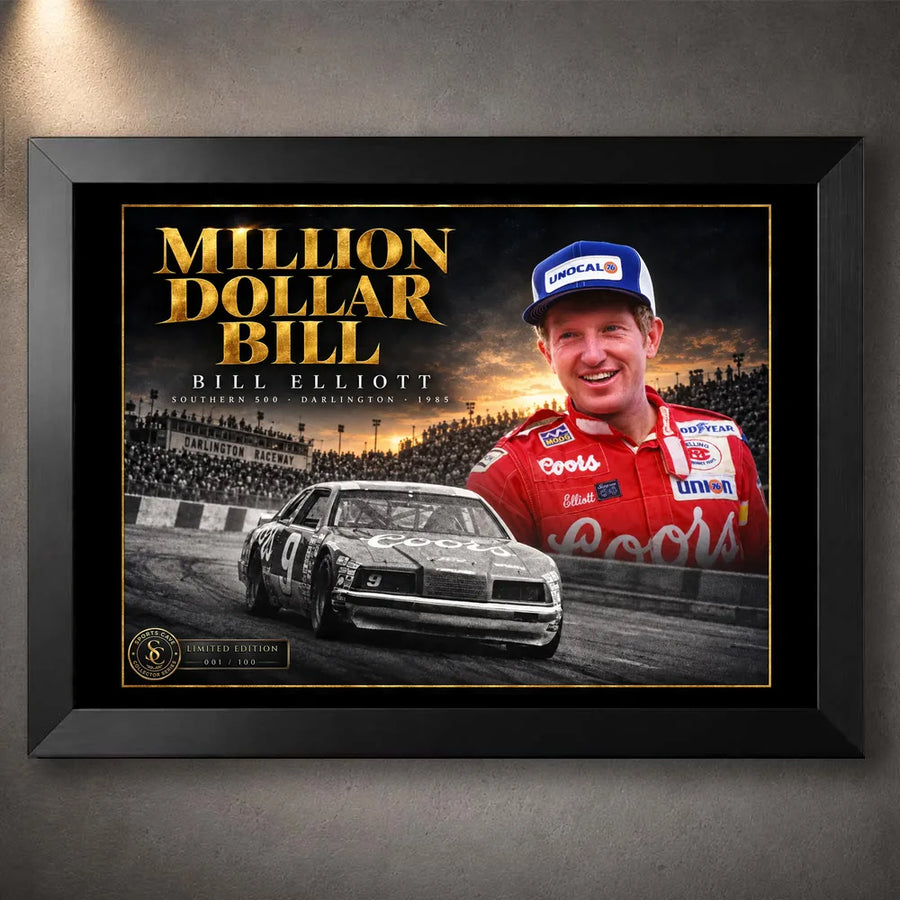 Black framed Bill Elliott NASCAR wall art featuring the Million Dollar Bill collector design for motorsport fans.