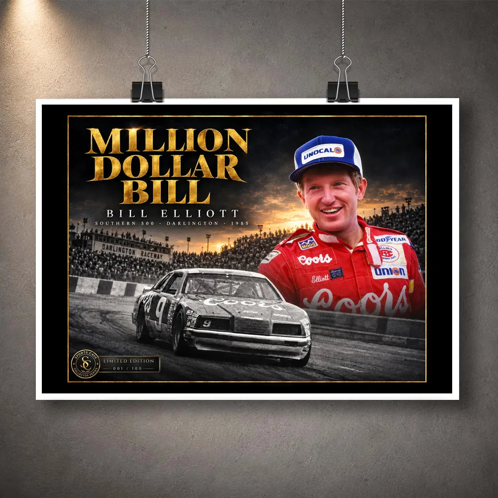 Unframed Bill Elliott Million Dollar Bill motorsport wall art design shown as a print with white border.