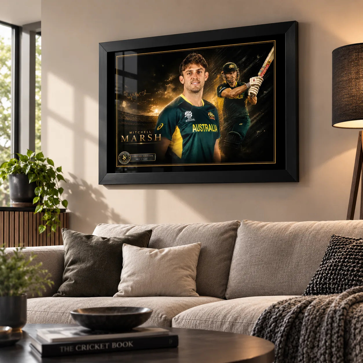 Mitchell Marsh framed cricket wall art displayed in a premium living room with warm natural light and modern styling.