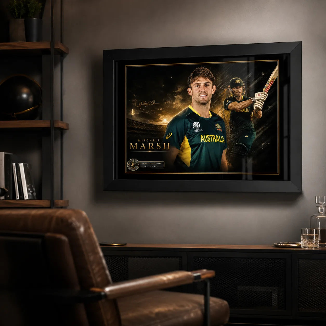 Mitchell Marsh black framed cricket wall art displayed in a premium man cave with dark timber and collector styling.