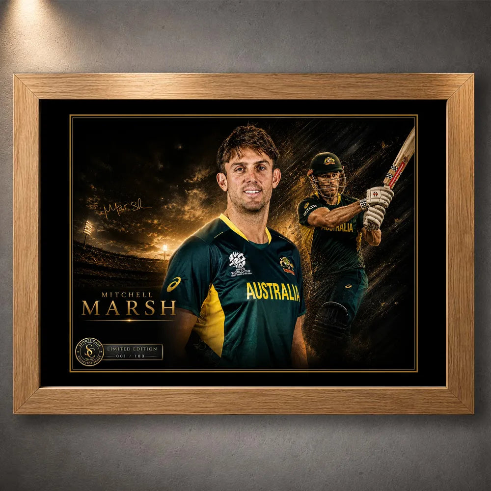 Mitchell Marsh oak framed cricket wall art featuring the Australian all-rounder in a premium limited edition design.