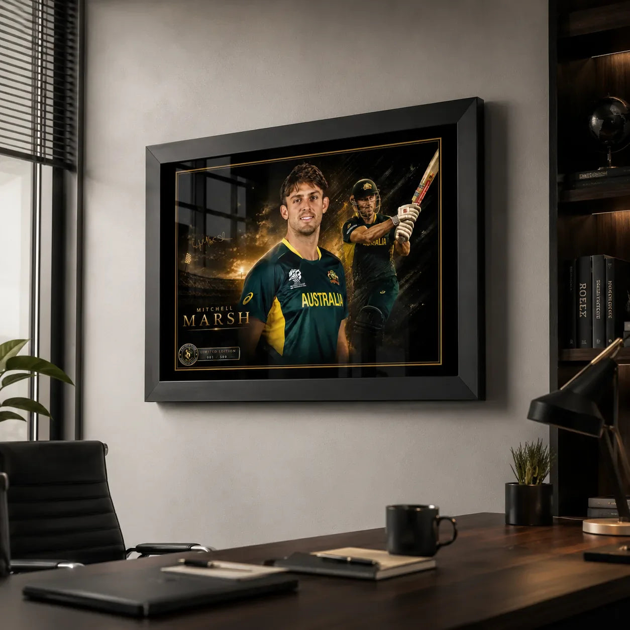 Mitchell Marsh framed cricket wall art displayed in a premium modern office with dark timber furniture and natural light.