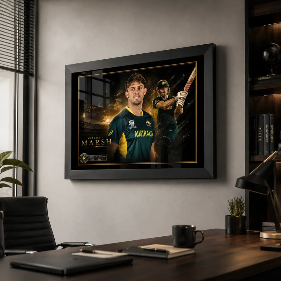 Mitchell Marsh framed cricket wall art displayed in a premium modern office with dark timber furniture and natural light.