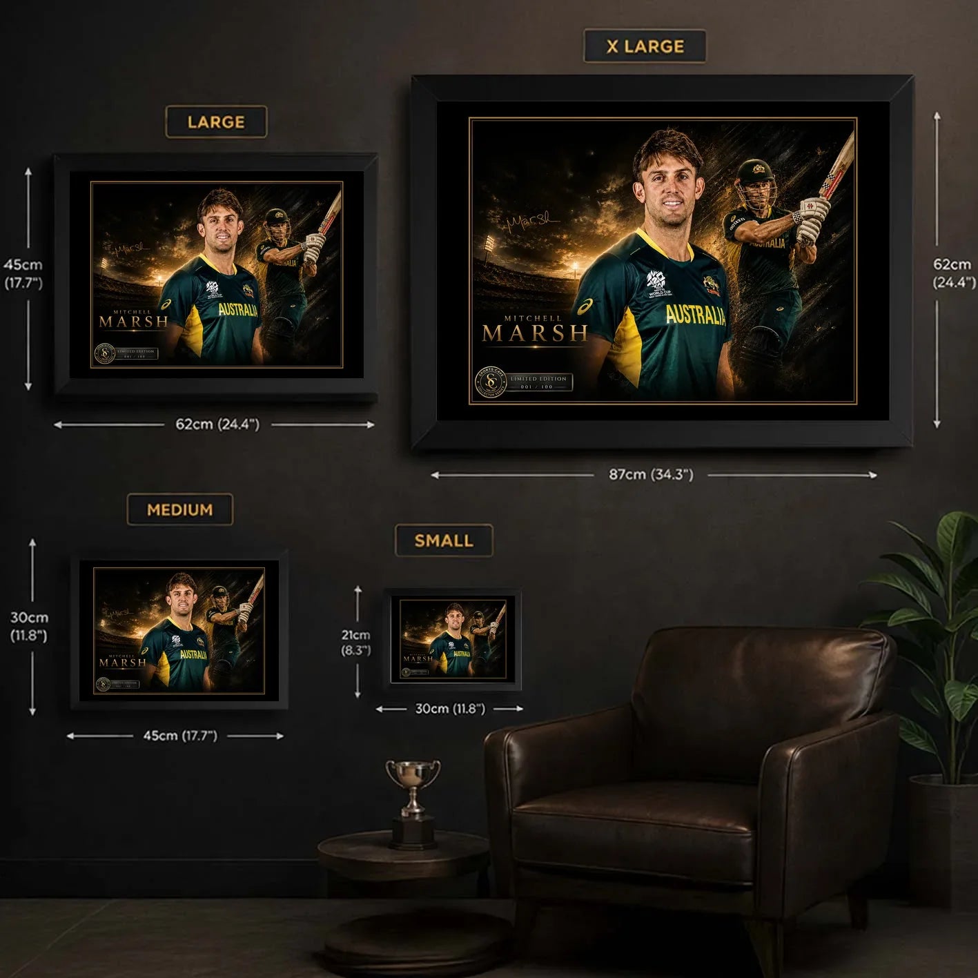 Mitchell Marsh cricket wall art size guide showing Small, Medium, Large and XL framed dimensions in centimetres and inches.