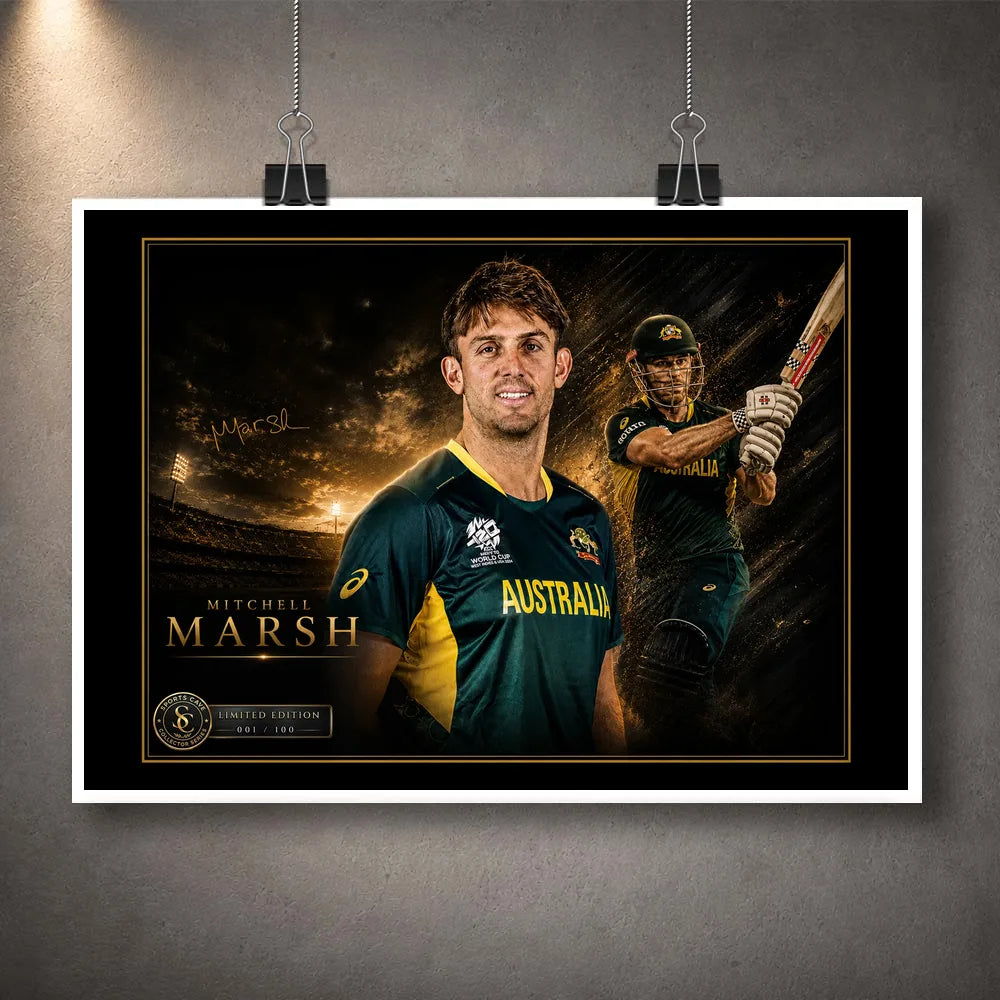 Mitchell Marsh unframed cricket wall art featuring the Australian all-rounder in a premium limited edition print.