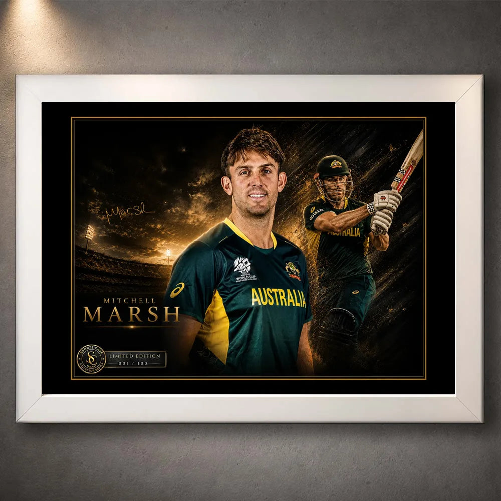 Mitchell Marsh white framed cricket wall art featuring the Australian all-rounder in a clean limited edition presentation.