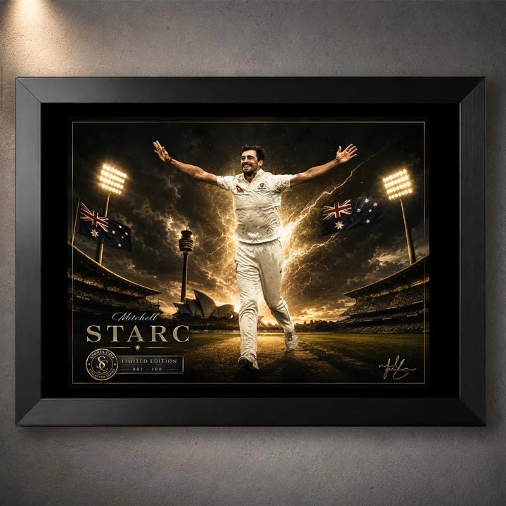 Mitchell Starc cricket wall art shown in a premium black frame against a dark gallery wall.
