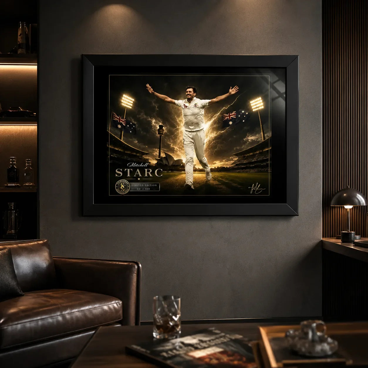 Mitchell Starc cricket wall art in a black frame displayed in a dark premium man cave with warm lighting.