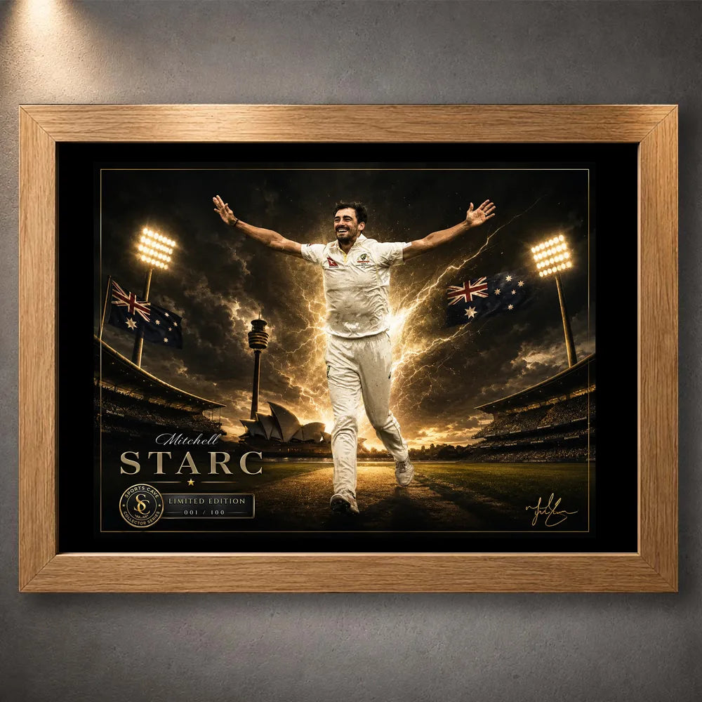 Mitchell Starc cricket wall art presented in a natural oak frame against a dark gallery wall.