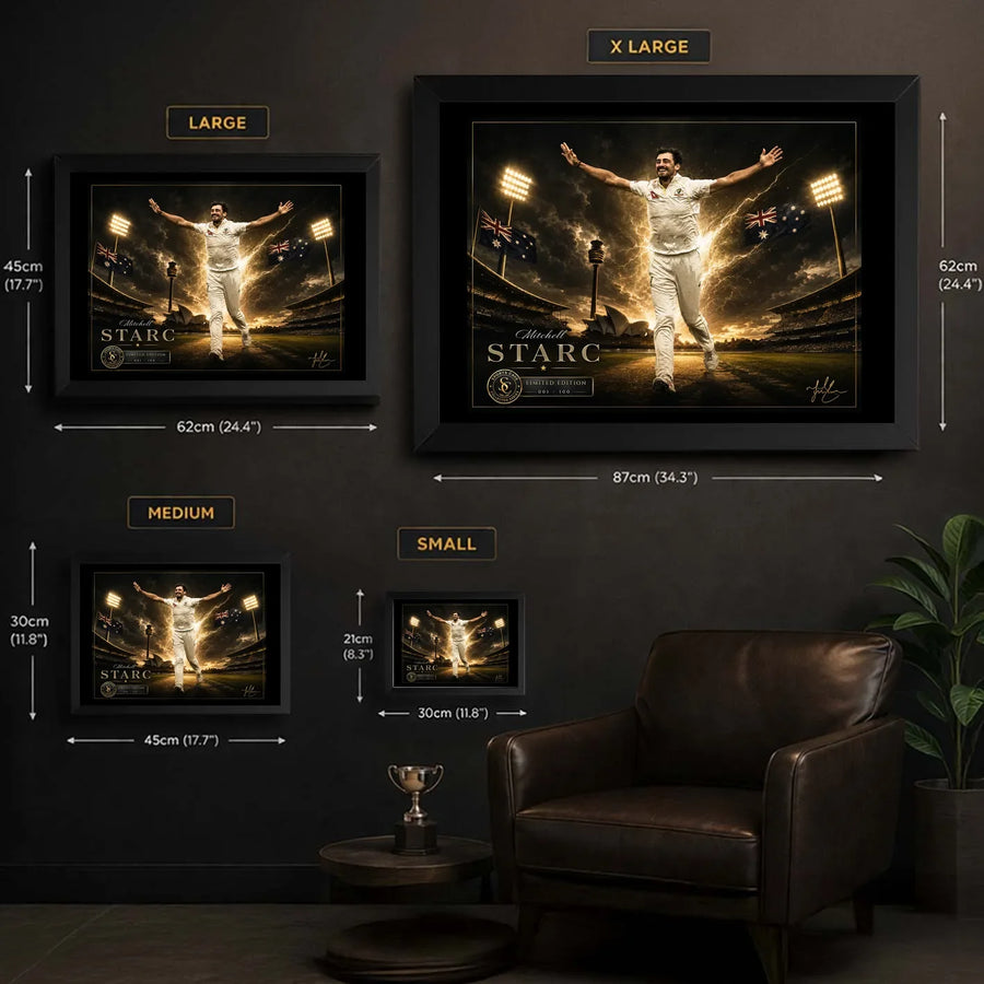Mitchell Starc cricket wall art size guide comparing small, medium, large and extra-large framed options.