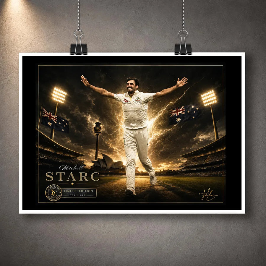Unframed Mitchell Starc cricket wall art print displayed with clips against a dark gallery wall.