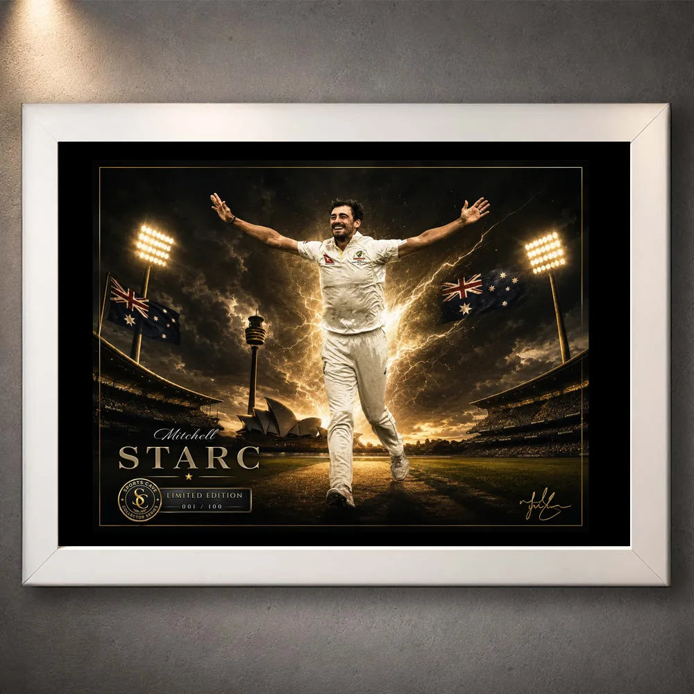 Mitchell Starc cricket wall art presented in a clean white frame against a dark gallery wall.