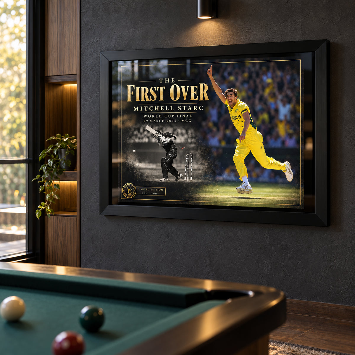 Mitchell Starc The First Over edition in a black frame on a charcoal wall above a pool table in a cricket collector room.