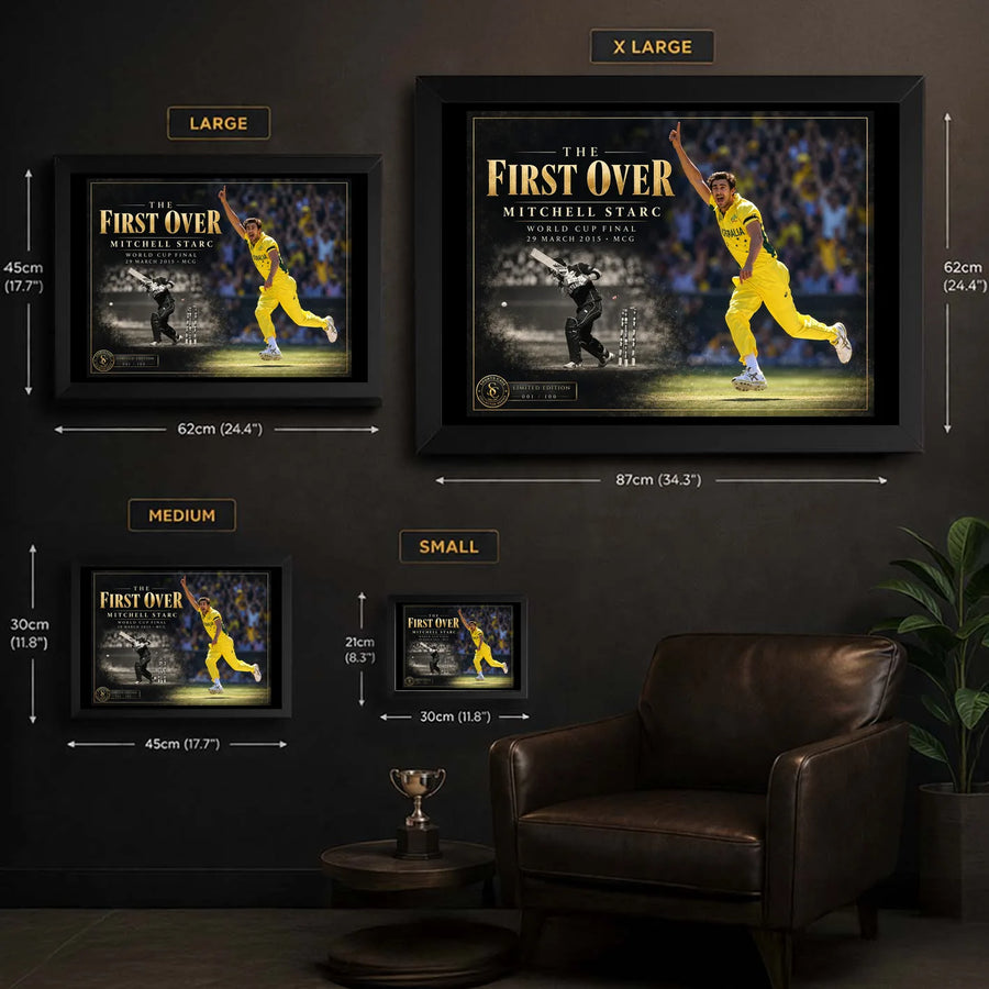 Mitchell Starc The First Over size guide comparing Small, Medium, Large and XL framed editions with dimensions.
