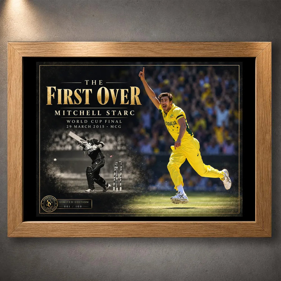 Mitchell Starc The First Over cricket wall art in an oak frame, with the 2015 World Cup Final title and date.