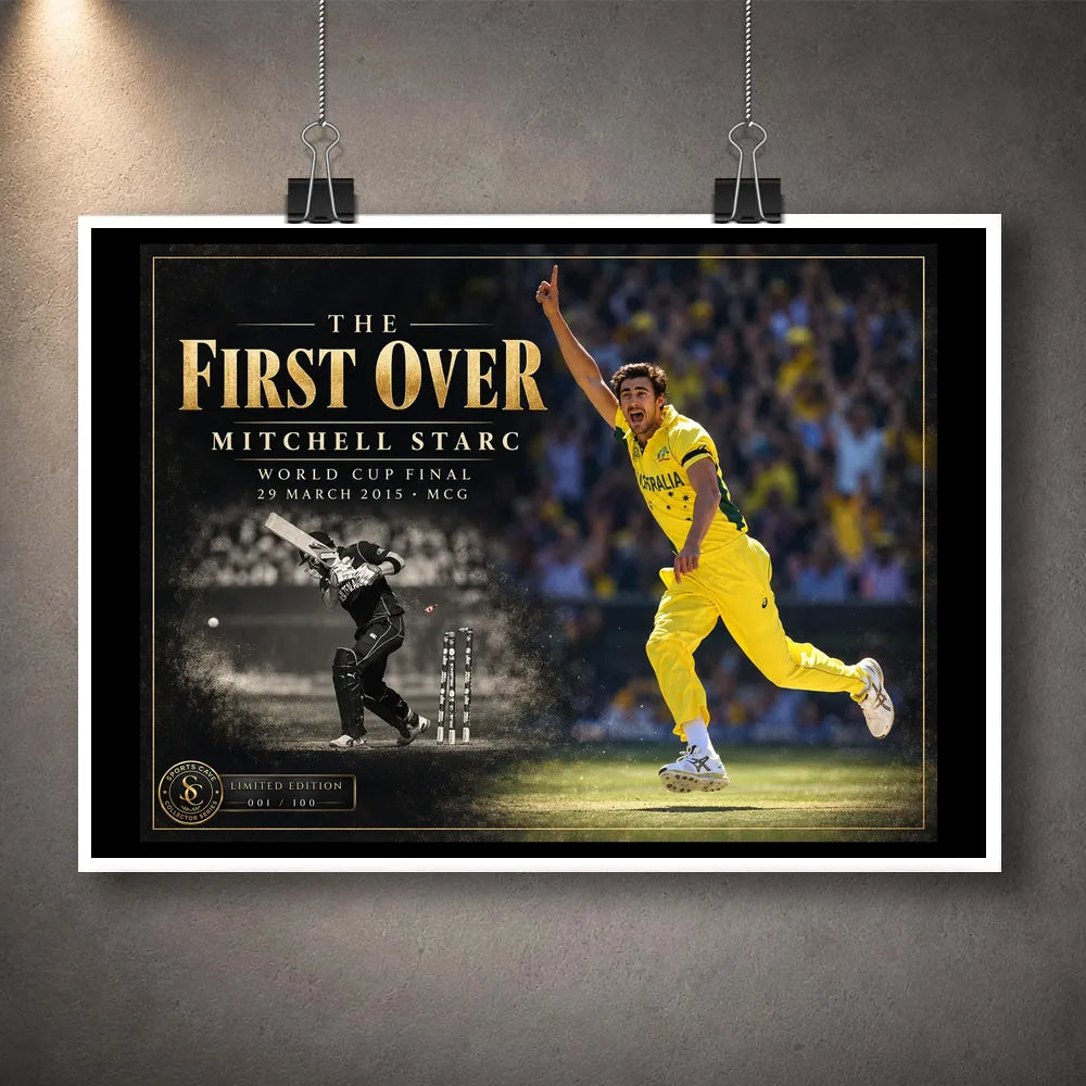 Unframed Mitchell Starc The First Over cricket wall art featuring the 2015 World Cup Final at the MCG.